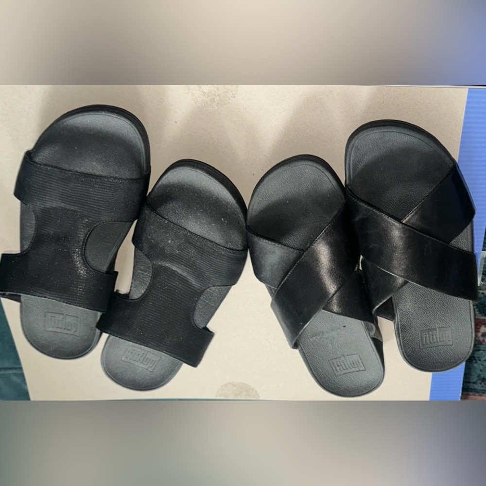 Lot of 2 pairs Fitlop slip on sandals, EUC, black, women’s 9M